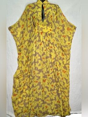 Moda Intl Floral Y2K Silk Butterfly Sleeve Caftan Dress Boho Fairy Goddess Maxi